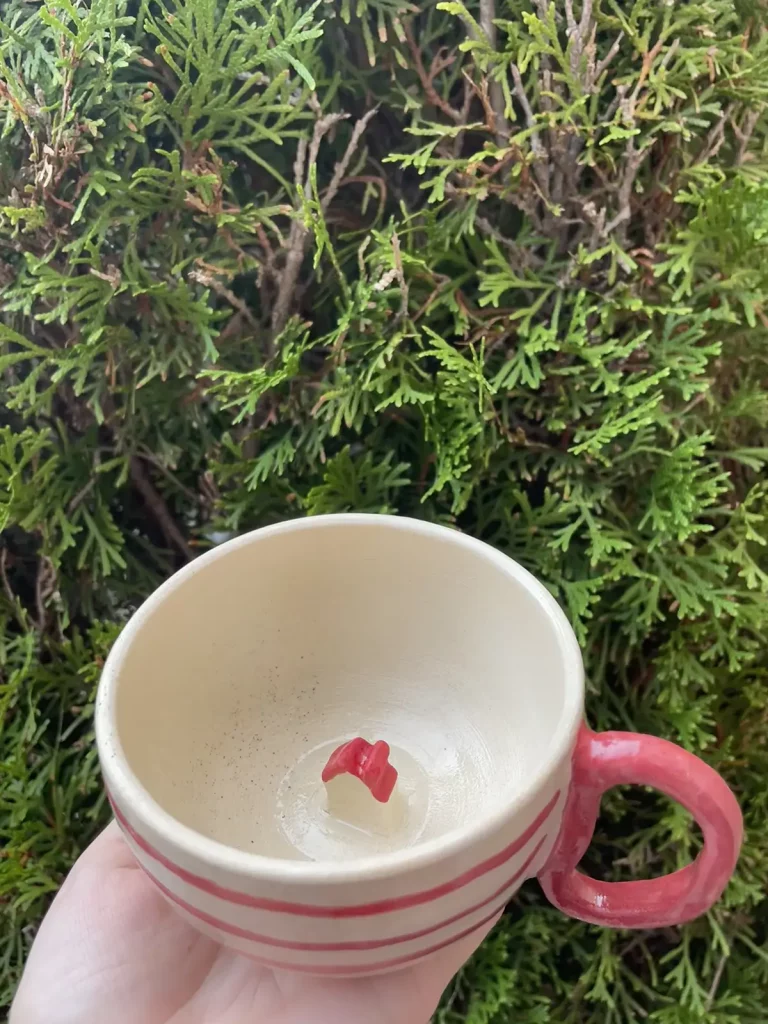 Taza en ambiente natural en el que se puede apreciar el detalle del fondo de una casita